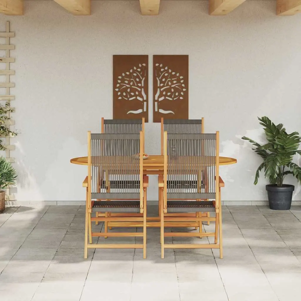 Folding Outdoor Dining Set Grey Rectangular Table and Chairs Solid Acacia Wood 5 Piece Garden Furniture