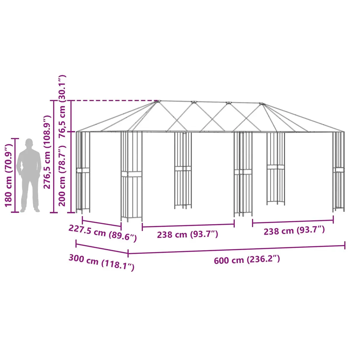 Steel Gazebo Frame Outdoor Canopy 6m x 3m Black Durable Garden Structure