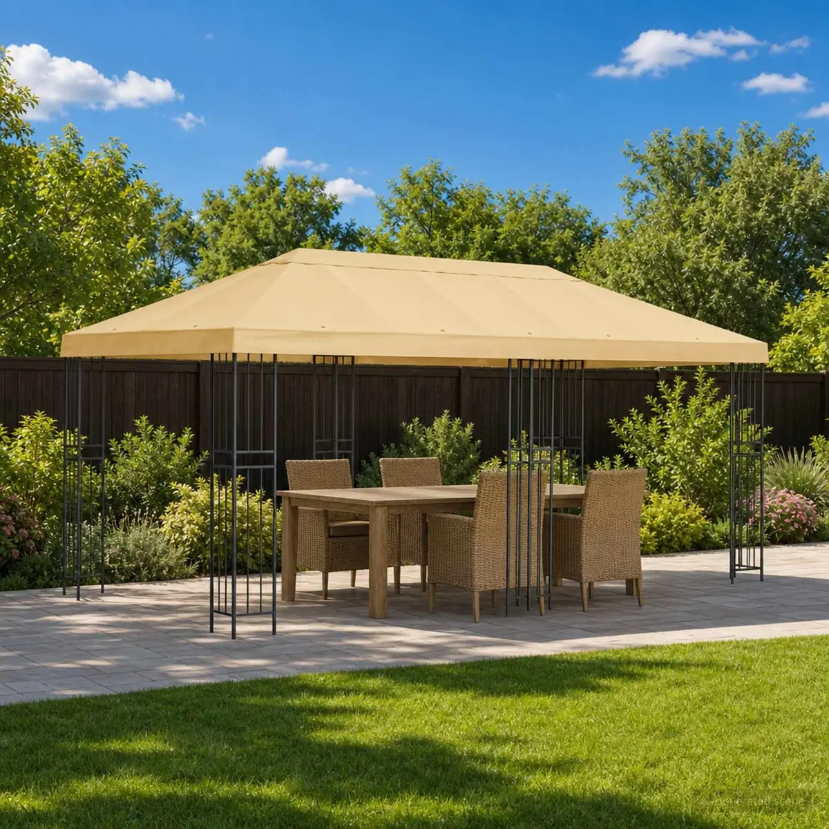 Gazebo Polyester Cream 6x3m Outdoor Garden Canopy Steel with Black Mesh Sidewalls