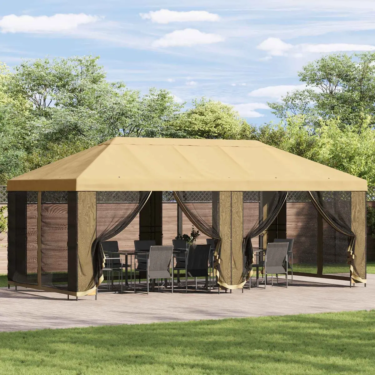 Garden Gazebo Steel Frame 6x3m Cream Polyester with Black Mesh Sidewalls