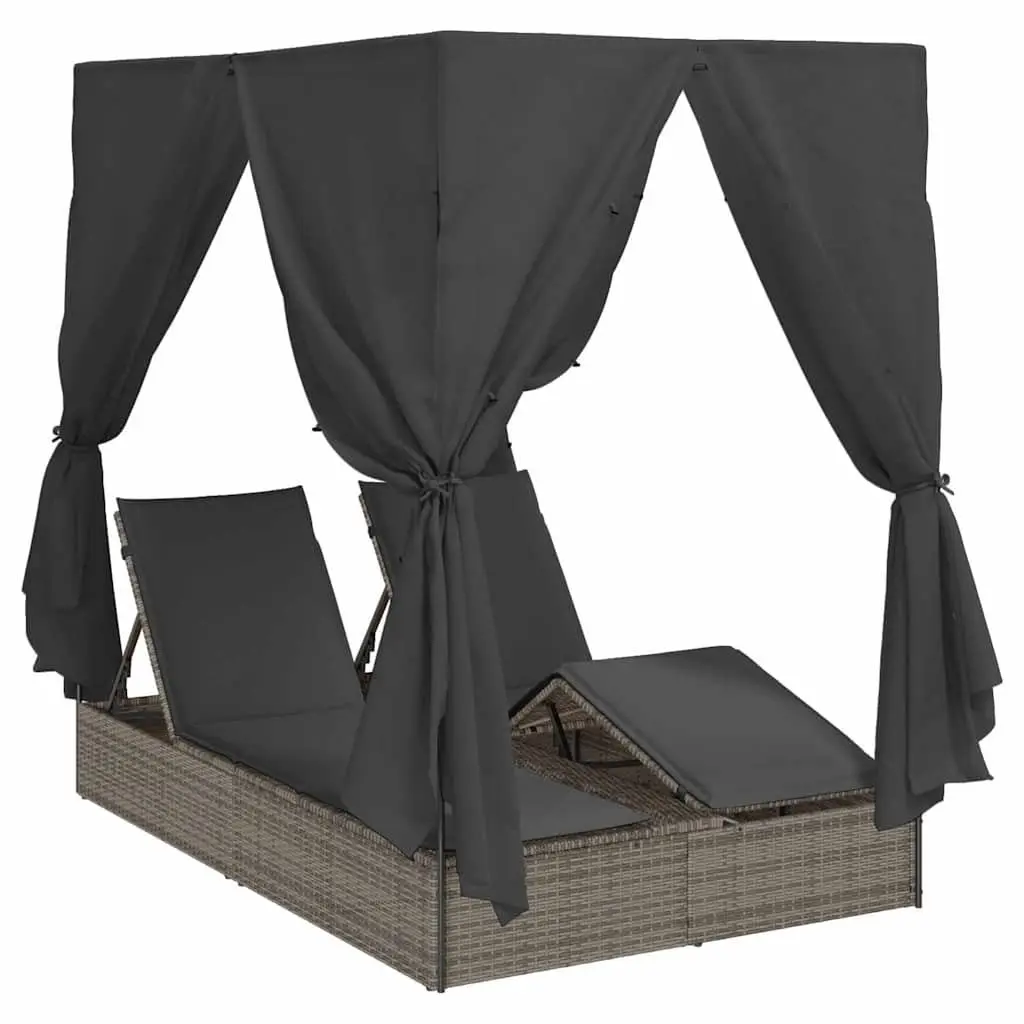Double Sun Lounger Poly Rattan Grey Outdoor Garden Furniture with Roof and Curtains