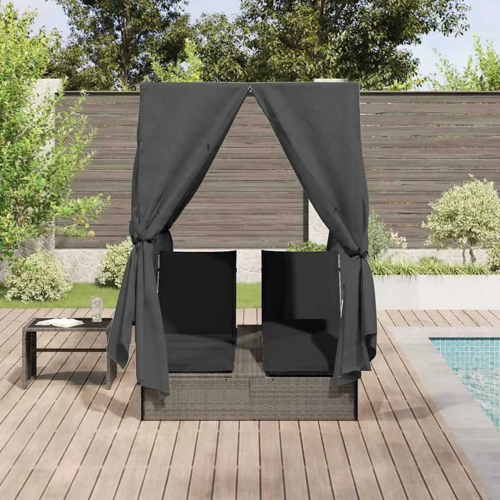 Double Sun Lounger Poly Rattan Grey Outdoor Garden Furniture with Roof and Curtains