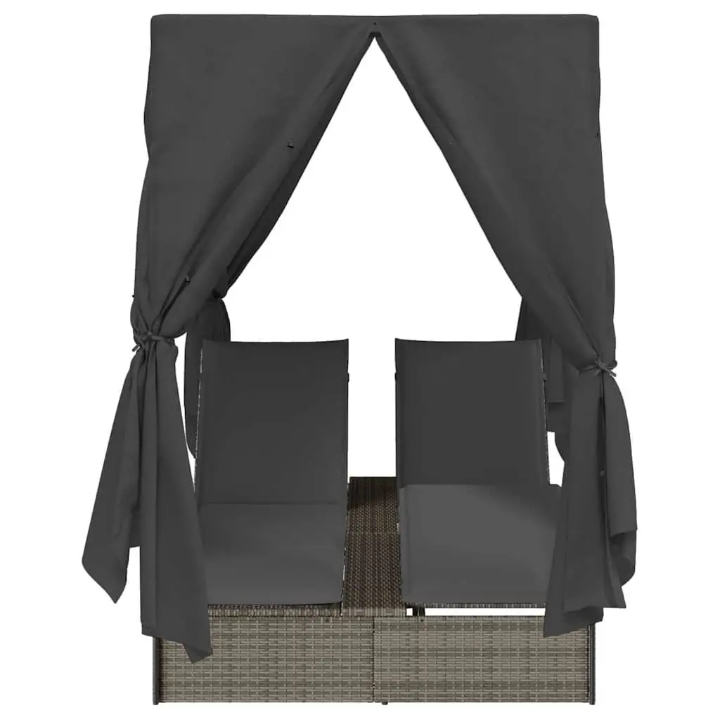 Double Sun Lounger Poly Rattan Grey Outdoor Garden Furniture with Roof and Curtains