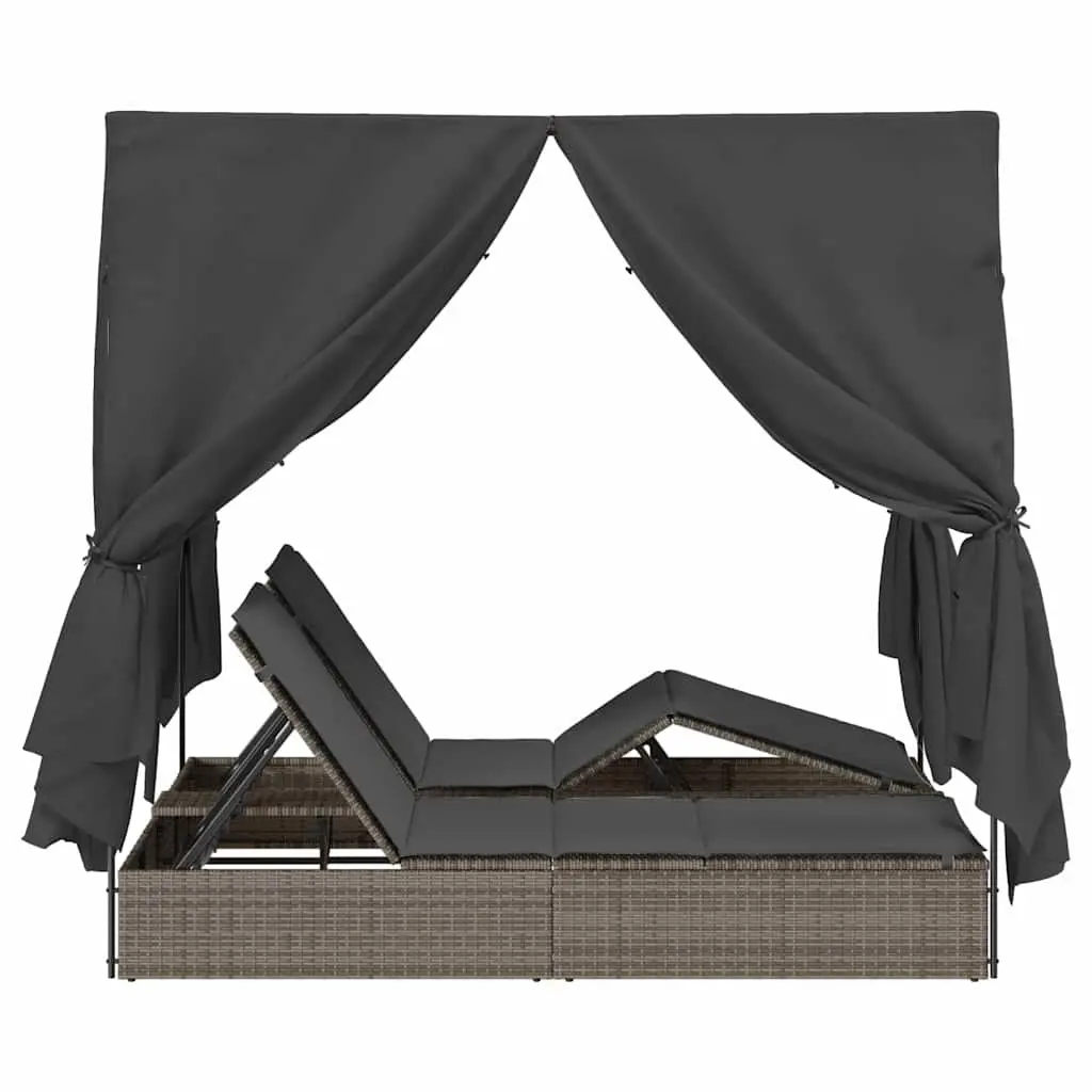Double Sun Lounger Poly Rattan Grey Outdoor Garden Furniture with Roof and Curtains
