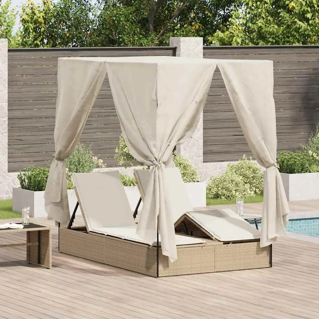 Double Sun Lounger Poly Rattan with Steel Frame Adjustable Backrest Beige
