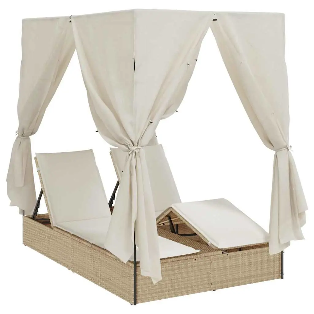 Double Sun Lounger Poly Rattan with Steel Frame Adjustable Backrest Beige