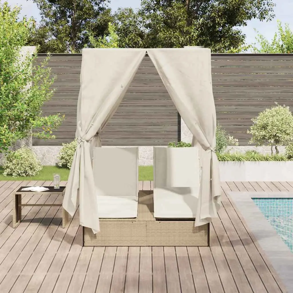 Double Sun Lounger Poly Rattan with Steel Frame Adjustable Backrest Beige