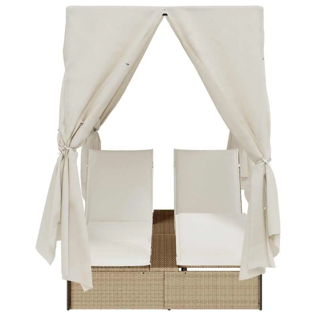 Double Sun Lounger Poly Rattan with Steel Frame Adjustable Backrest Beige