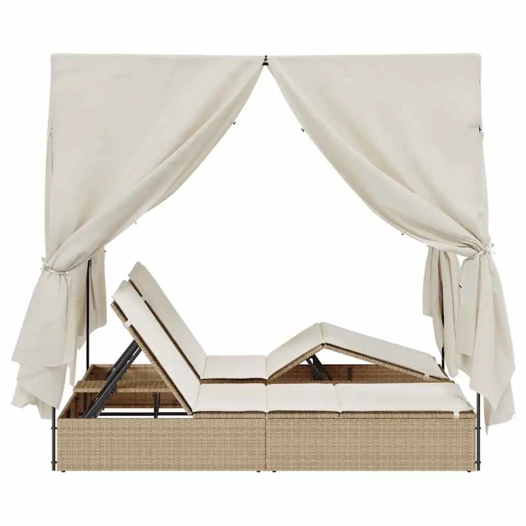 Double Sun Lounger Poly Rattan with Steel Frame Adjustable Backrest Beige