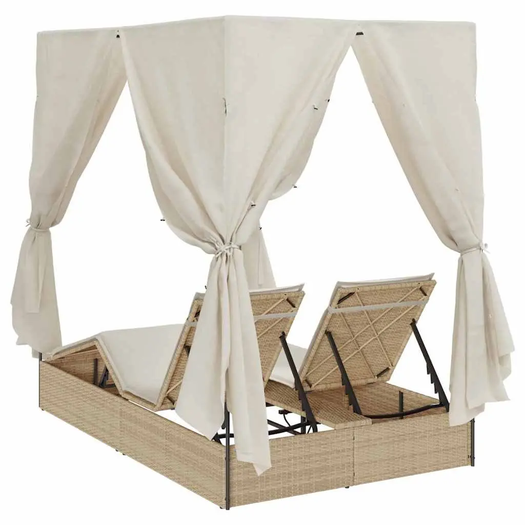 Double Sun Lounger Poly Rattan with Steel Frame Adjustable Backrest Beige