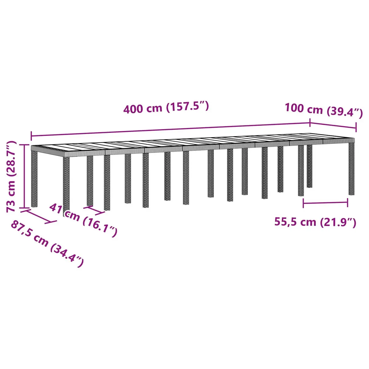 Garden Table Poly Rattan Rectangular 400x100x73cm Anthracite Steel Frame