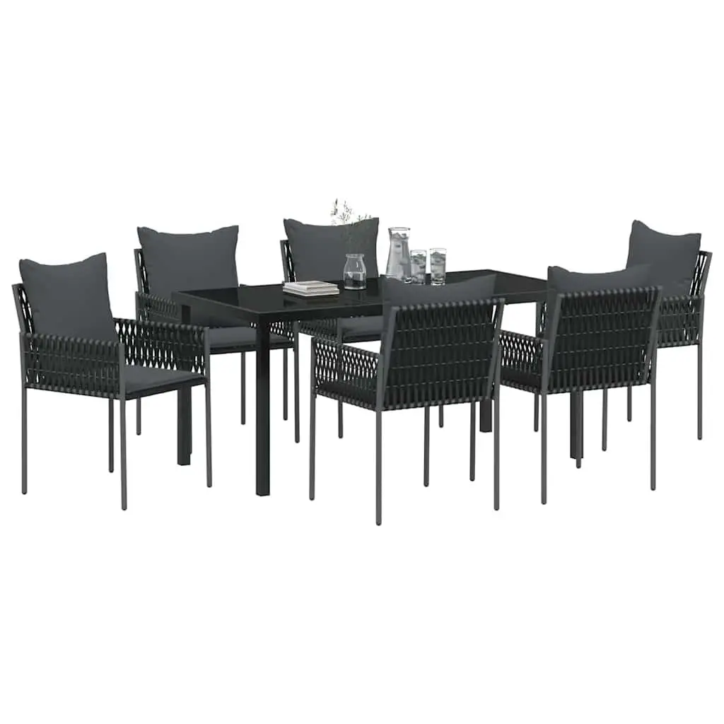 Garden Dining Set 7 Piece Poly Rattan Powder-Coated Steel Black Grey Outdoor Furniture
