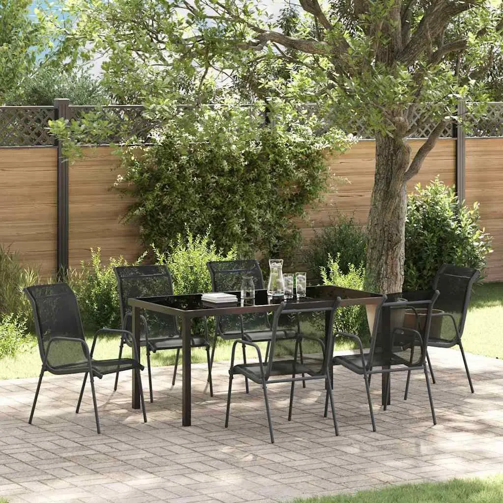 Outdoor Dining Set 7 Piece Modern Patio Furniture Rectangular Table Black Steel Frame Mesh Chairs