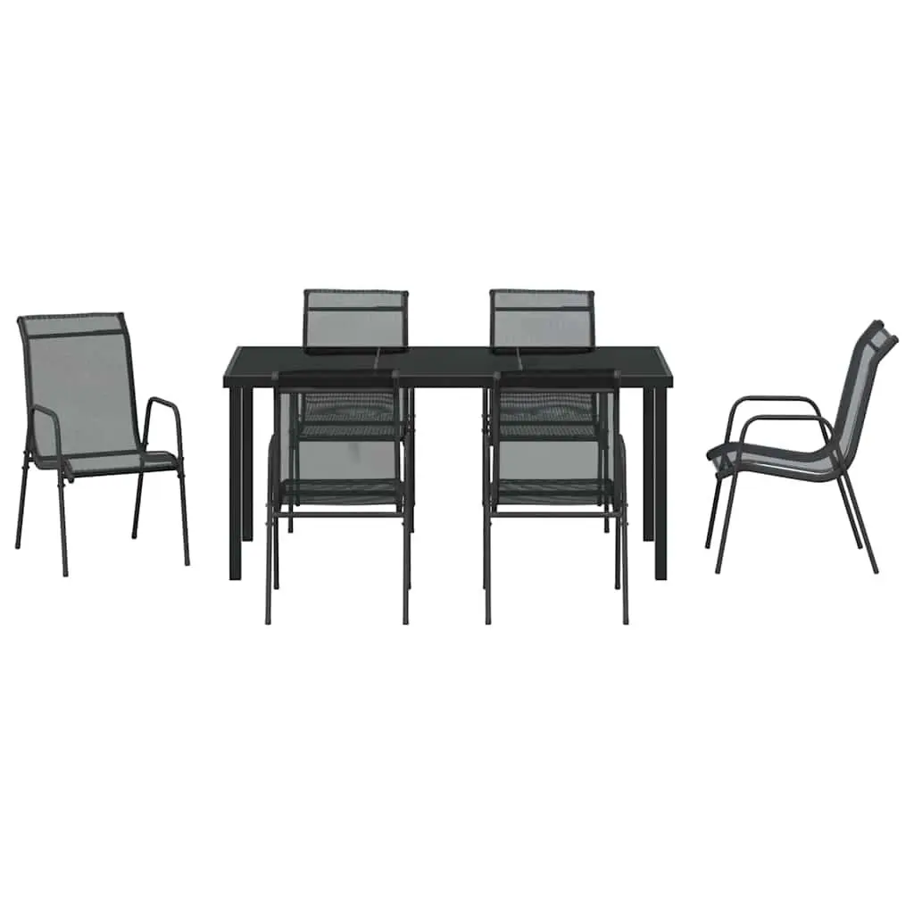 Outdoor Dining Set 7 Piece Modern Patio Furniture Rectangular Table Black Steel Frame Mesh Chairs