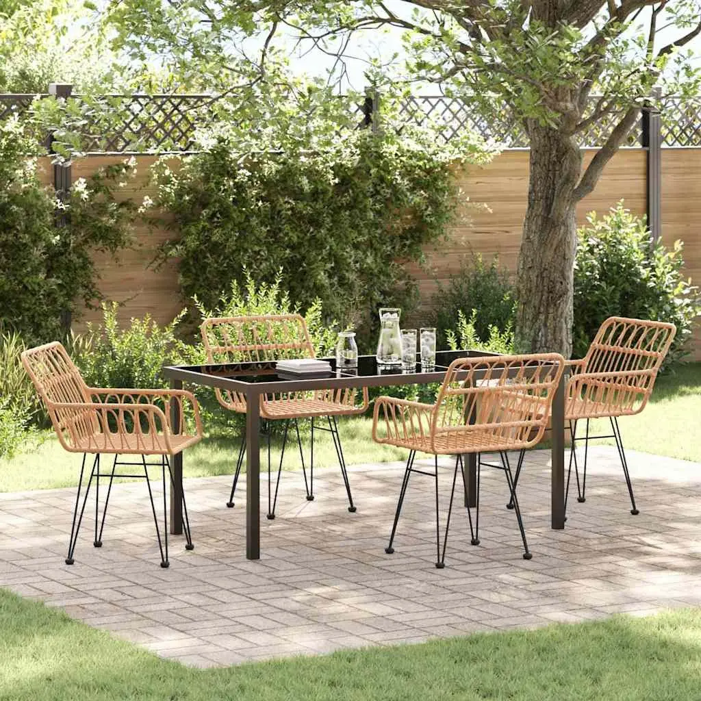 Garden Dining Set Poly Rattan Powder-Coated Steel 5 Pieces Brown Rectangular Outdoor Furniture
