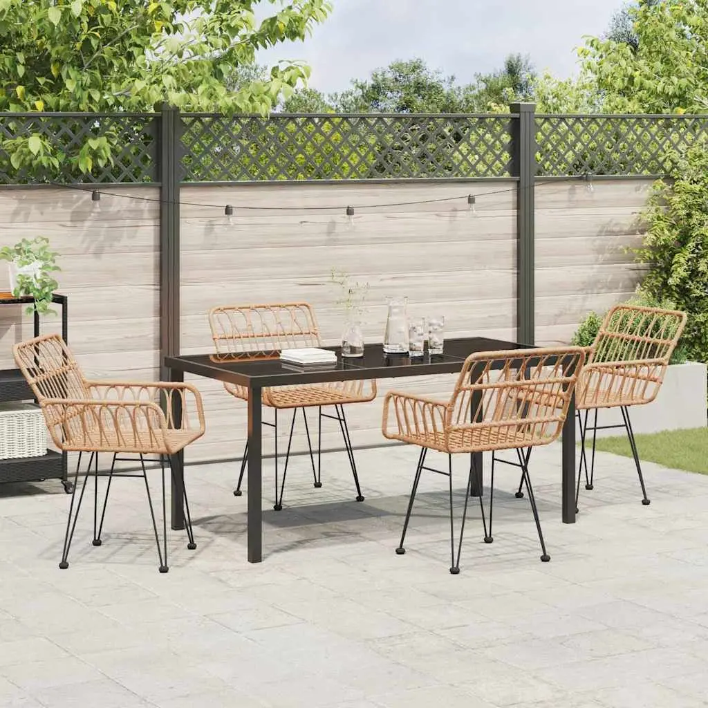 Garden Dining Set Poly Rattan Powder-Coated Steel 5 Pieces Brown Rectangular Outdoor Furniture