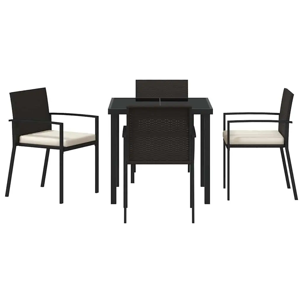Garden Dining Set 5 Piece Powder-coated Steel Poly Rattan Black Outdoor Furniture with Cushions Armrests
