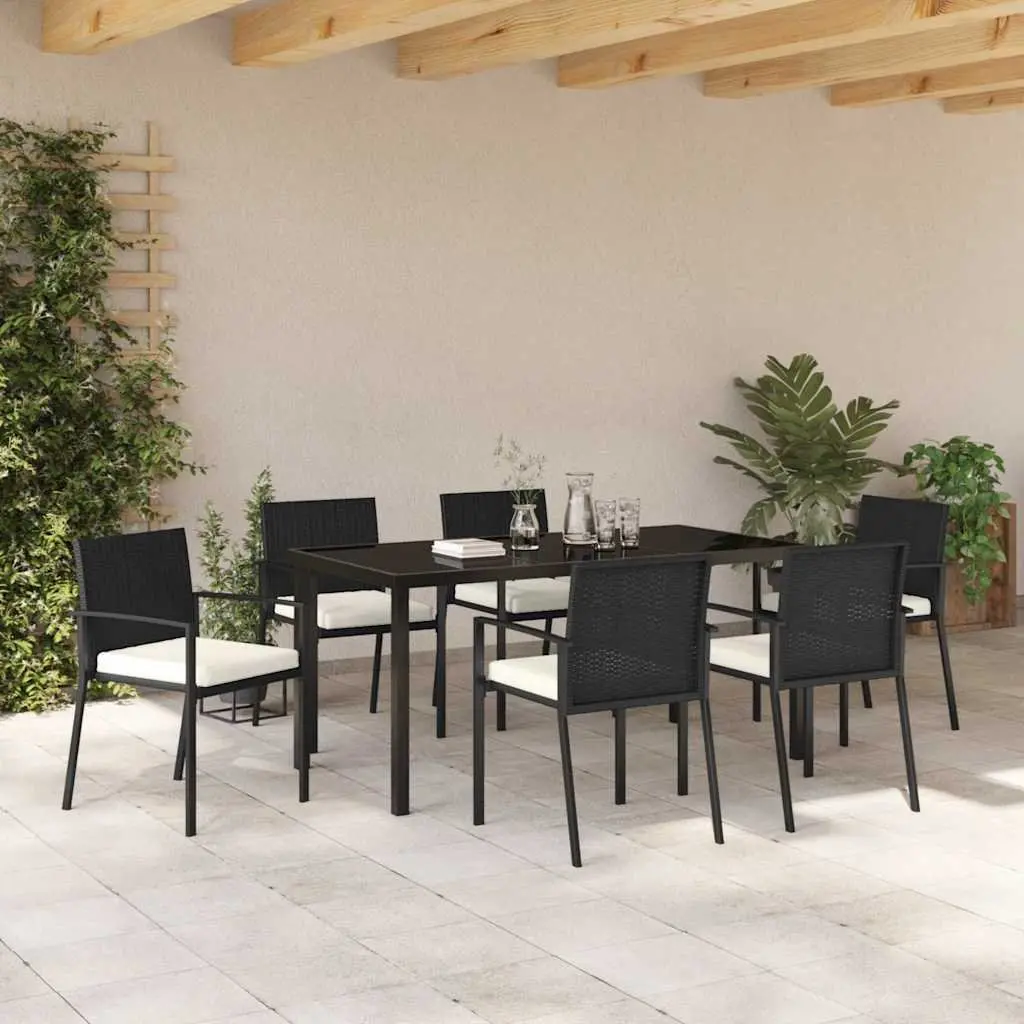 Garden Dining Set Powder-coated Steel 7 Piece Black Outdoor Furniture Patio Table Chairs