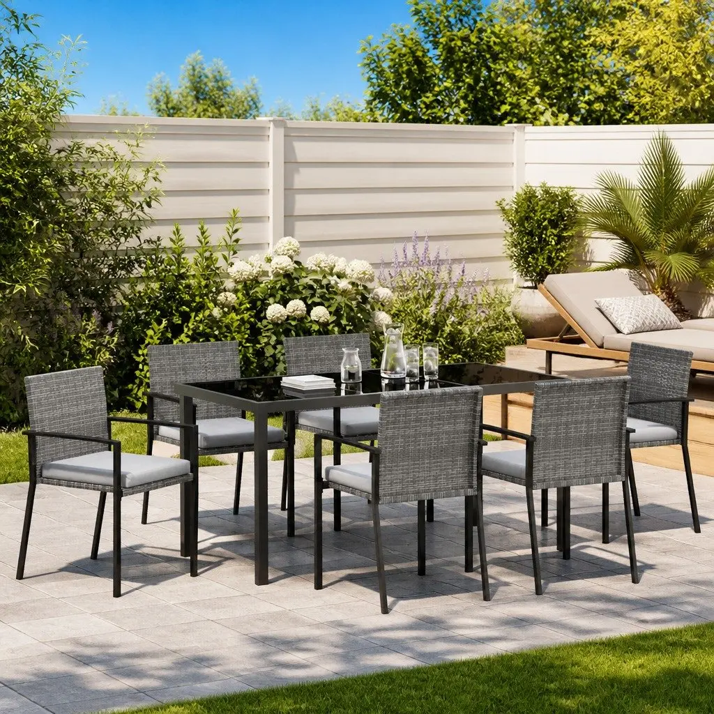 Garden Dining Set 7 Pieces Powder-Coated Steel Frame Poly Rattan Grey