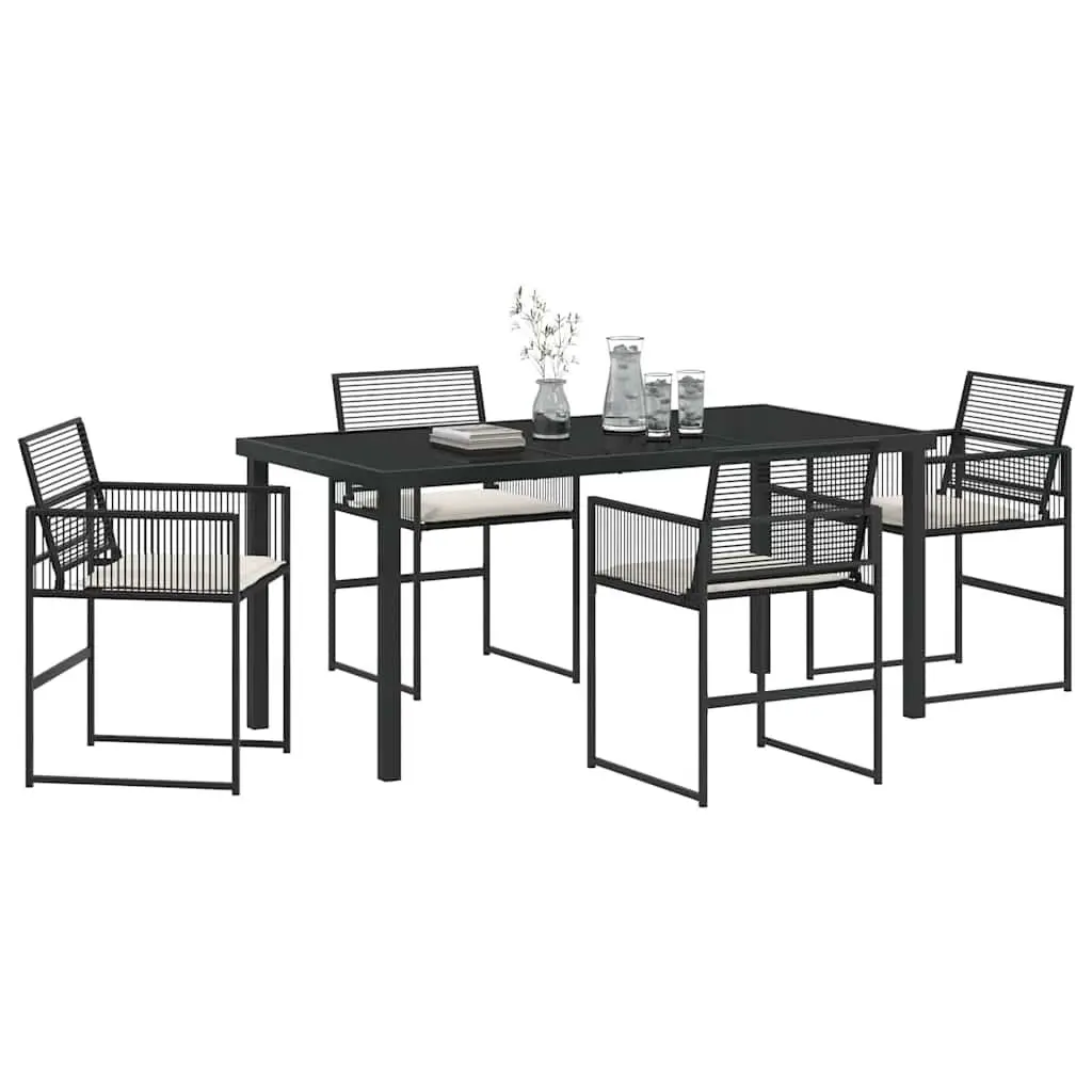 Outdoor Dining Furniture Set Black Poly Rattan 5 Piece with Glass Top Table for Patio and Garden