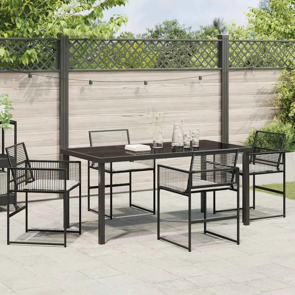 Outdoor Dining Furniture Set Black Poly Rattan 5 Piece with Glass Top Table for Patio and Garden