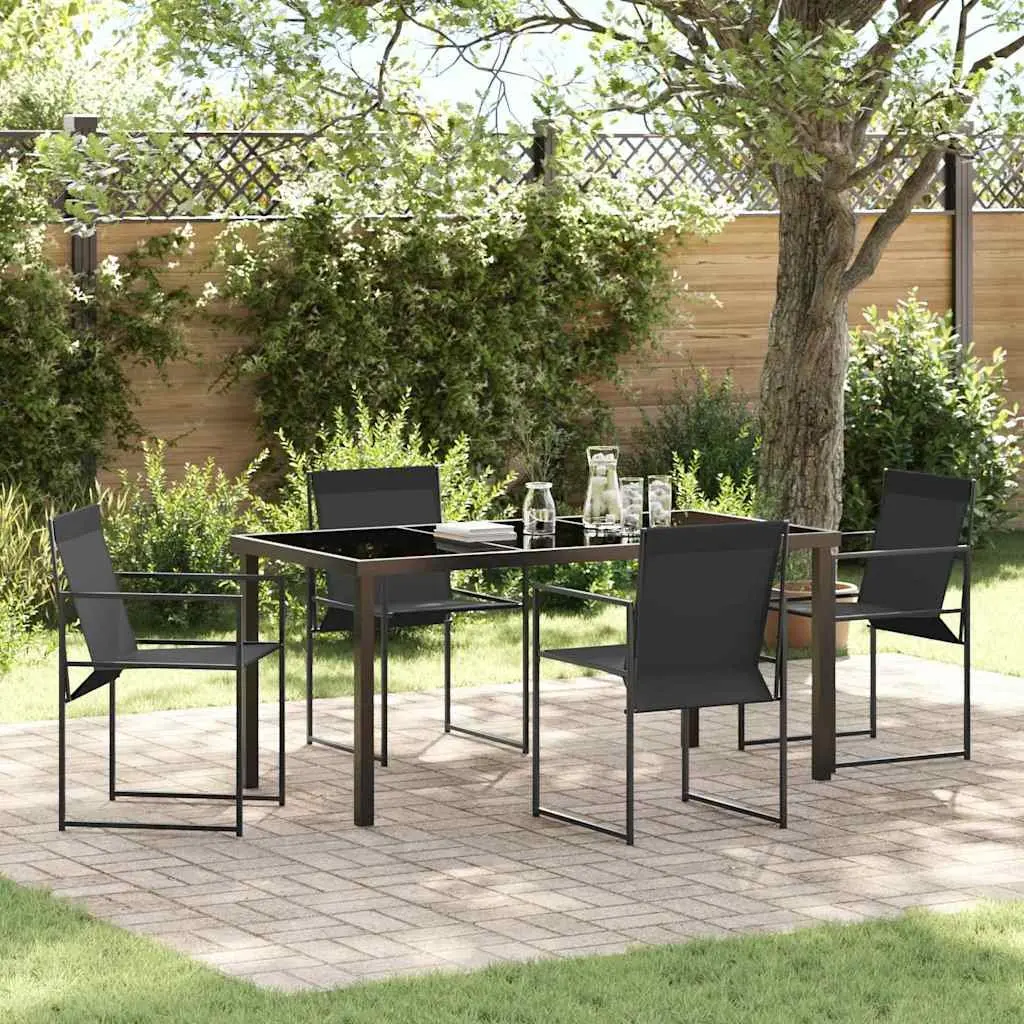 Garden Dining Set 5 Piece Black Textilene Steel Chairs and Tempered Glass Table