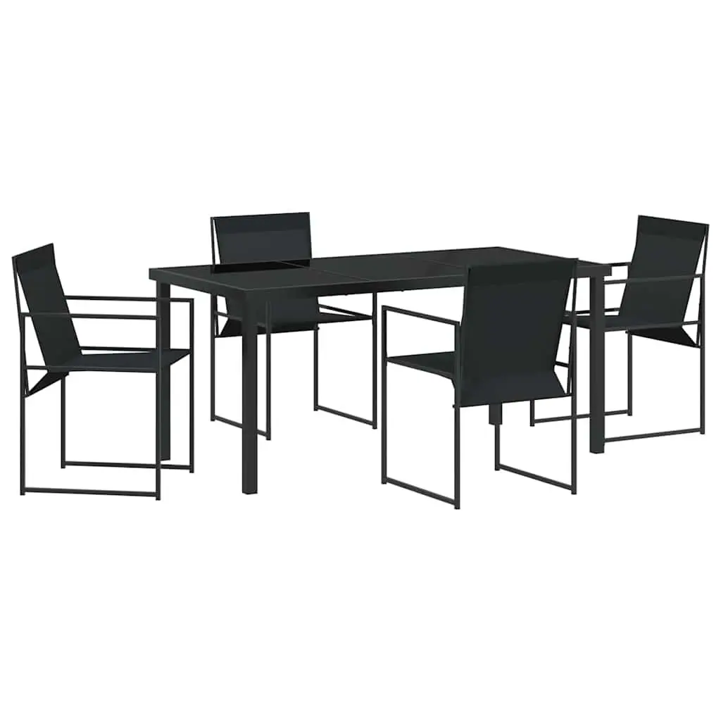 Garden Dining Set 5 Piece Black Textilene Steel Chairs and Tempered Glass Table