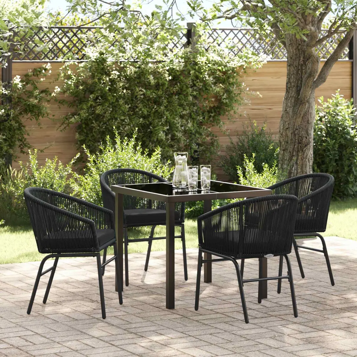 Outdoor Dining Set Rectangular Black Steel 5 Piece Garden Furniture Table with 4 Chairs