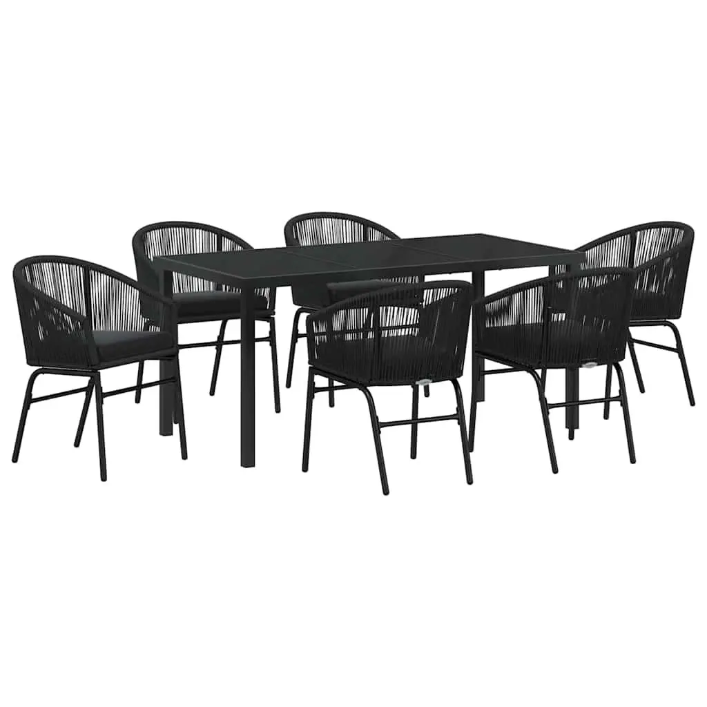 Outdoor Garden Dining Set 7 Piece Black Powder-coated Steel Frame Tempered Glass Table and Chairs