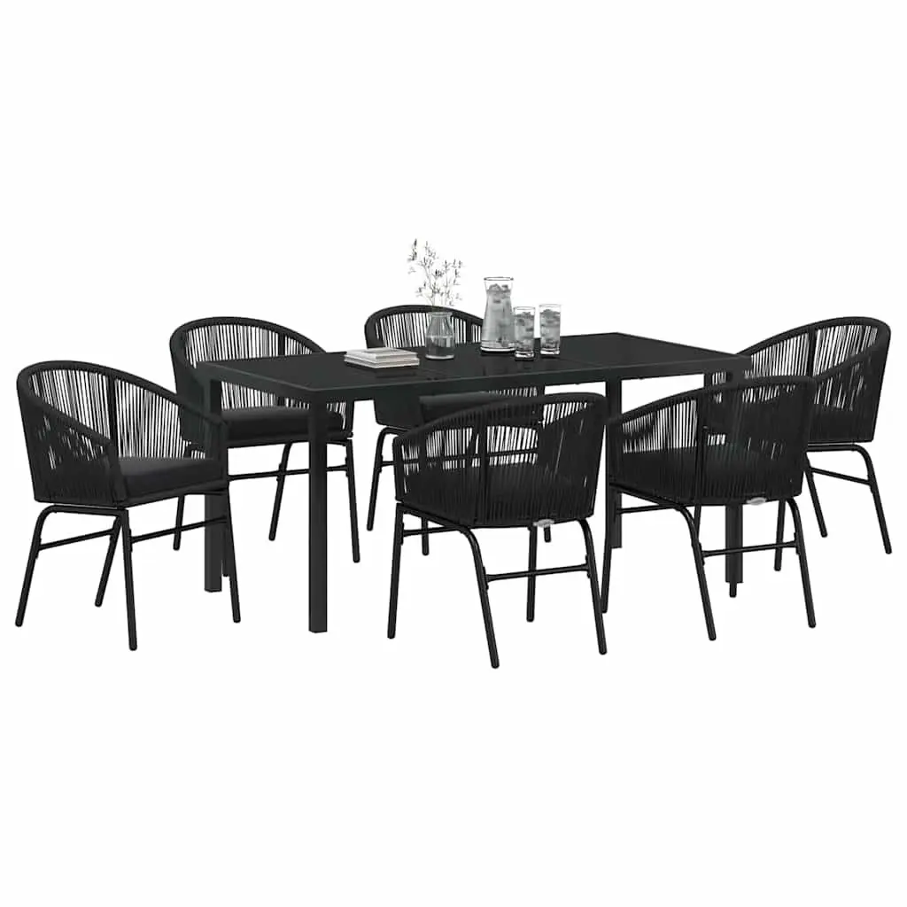 Outdoor Garden Dining Set 7 Piece Black Powder-coated Steel Frame Tempered Glass Table and Chairs