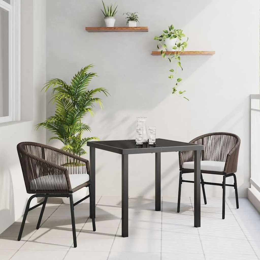 Garden Dining Set 3 Pieces Brown Powder-coated Steel Frame with Tempered Glass Top