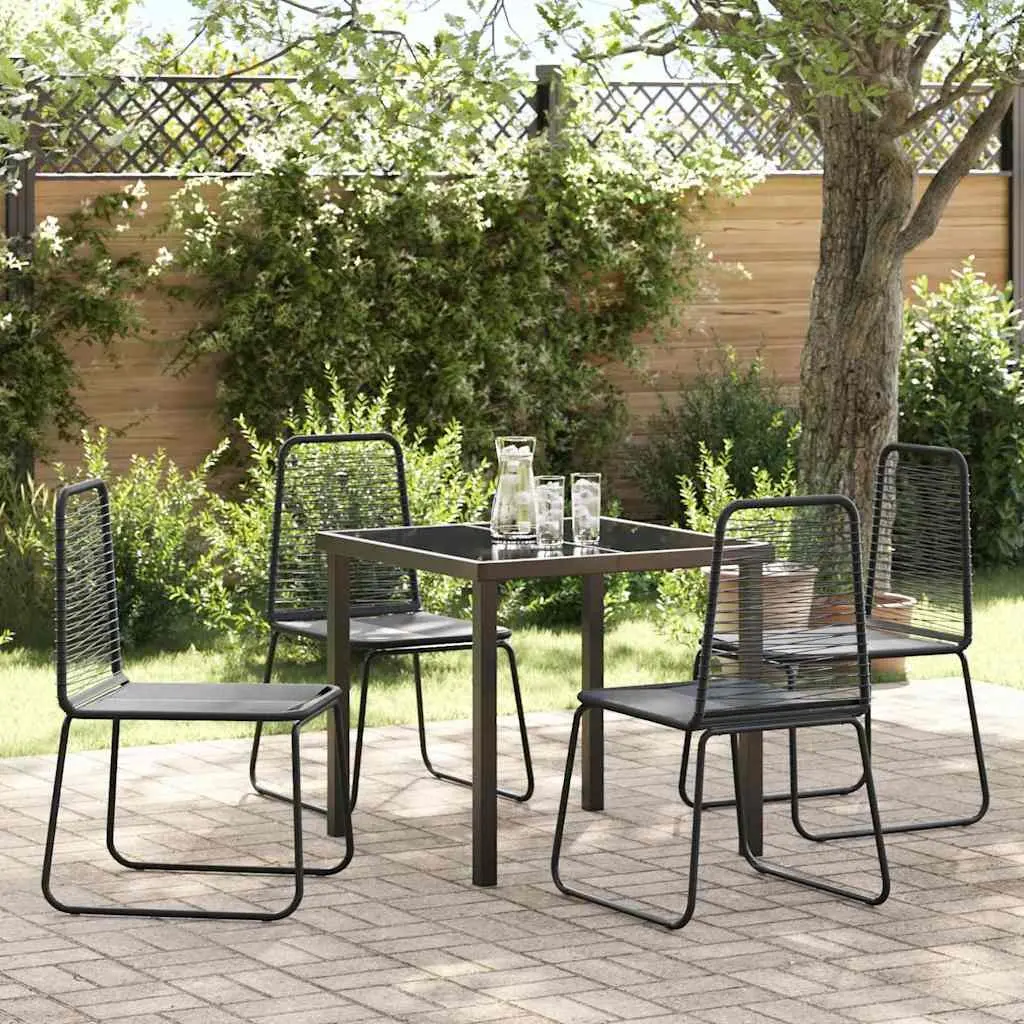 Garden Dining Set Rectangular Tempered Glass Top Poly Rattan 5 Pieces Black Outdoor Furniture