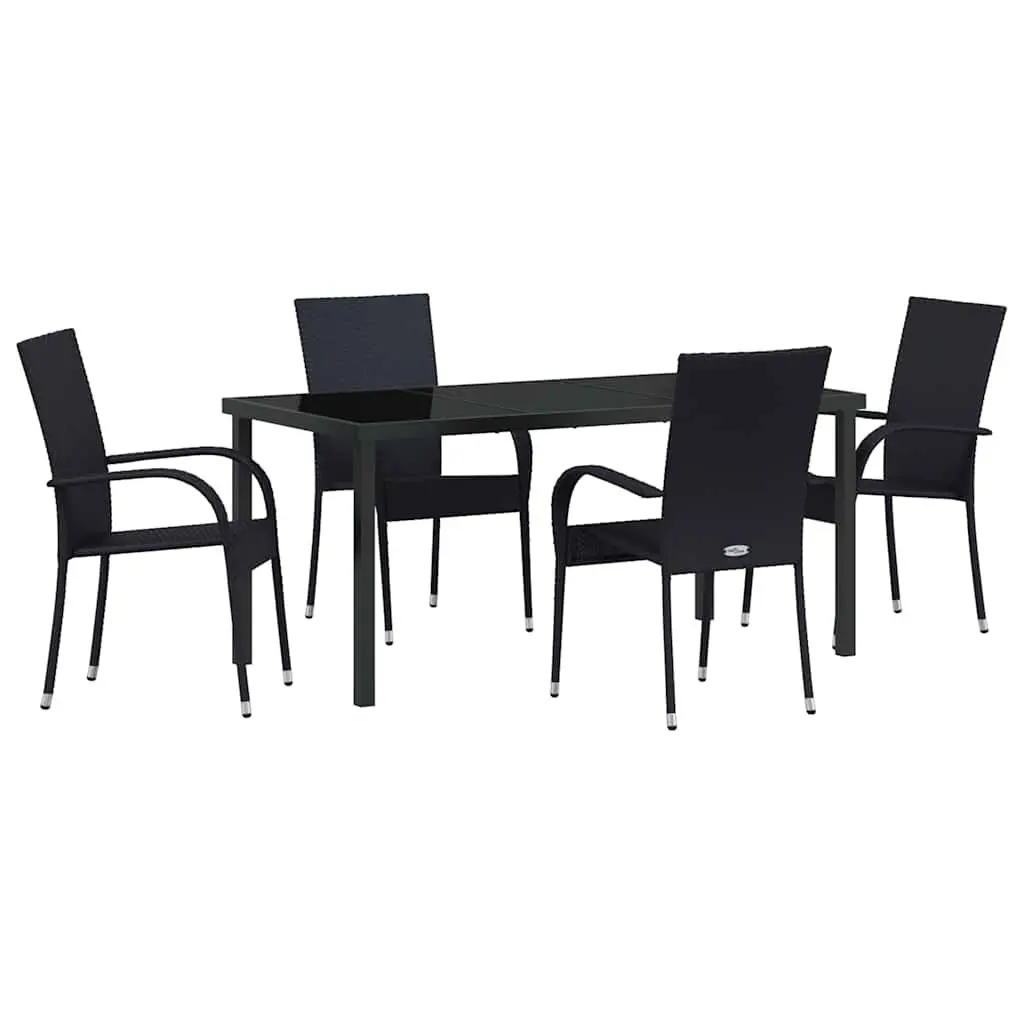 Garden Dining Set Powder-Coated Steel Frame 5 Pieces Rectangular Black Poly Rattan