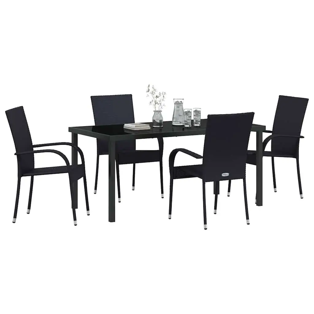 Garden Dining Set Powder-Coated Steel Frame 5 Pieces Rectangular Black Poly Rattan