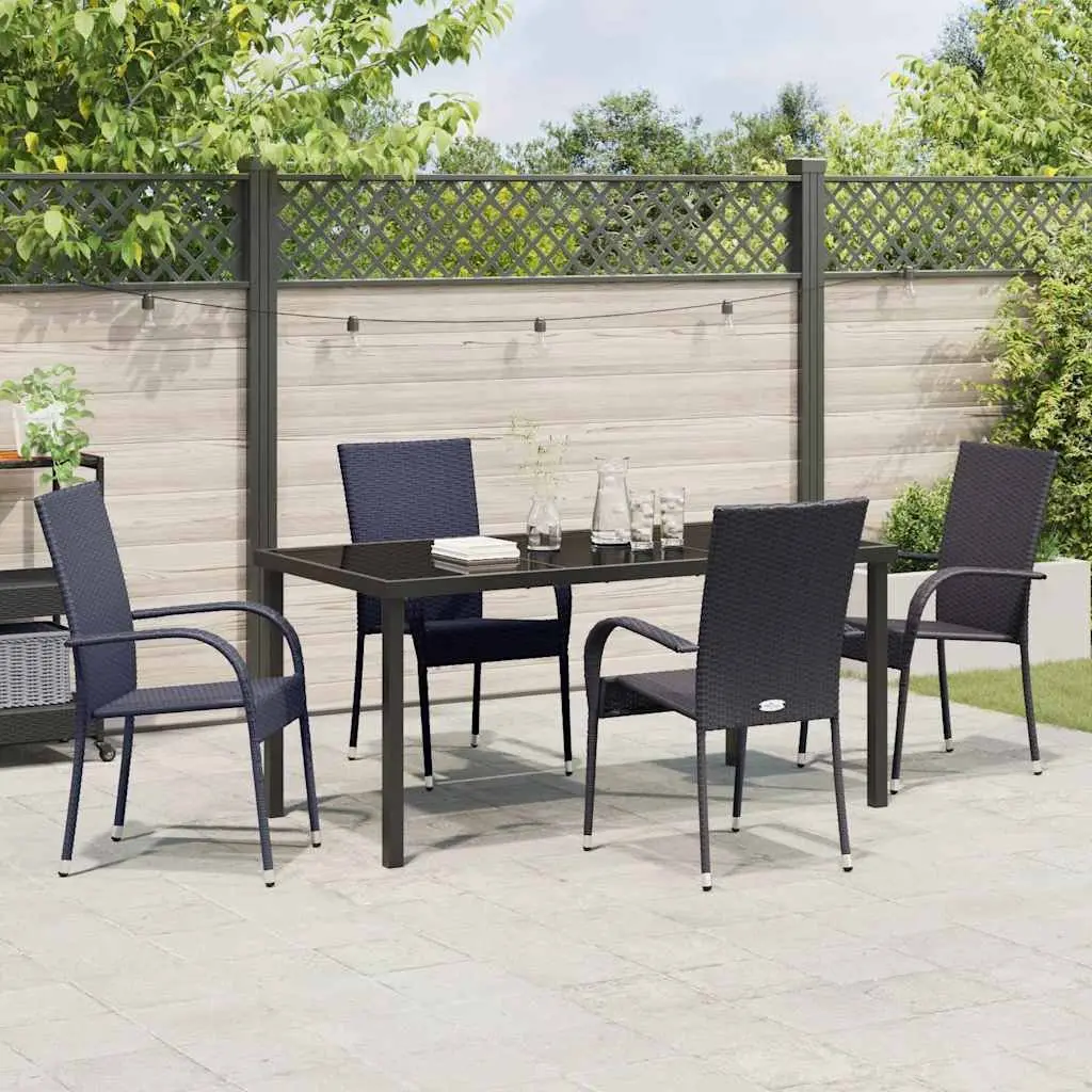 Garden Dining Set Powder-Coated Steel Frame 5 Pieces Rectangular Black Poly Rattan
