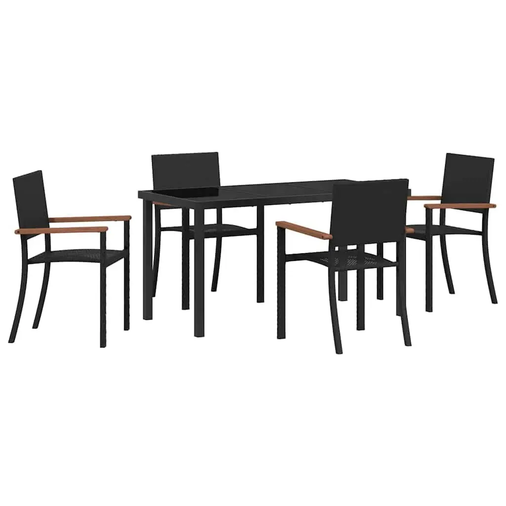 Garden Dining Set 5 Piece Poly Rattan Black Steel Frame Tempered Glass Table Acacia Wood Armrests