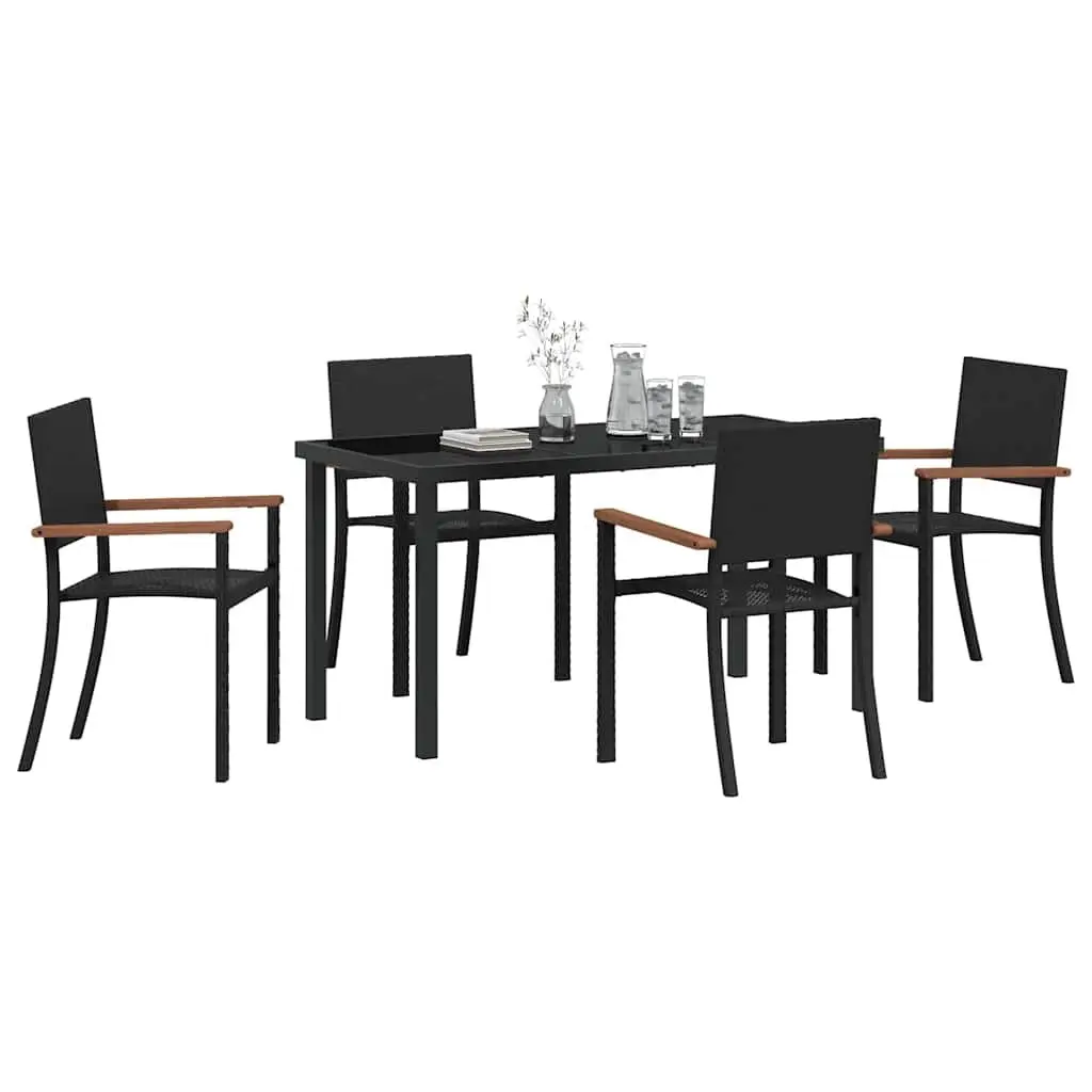 Garden Dining Set 5 Piece Poly Rattan Black Steel Frame Tempered Glass Table Acacia Wood Armrests