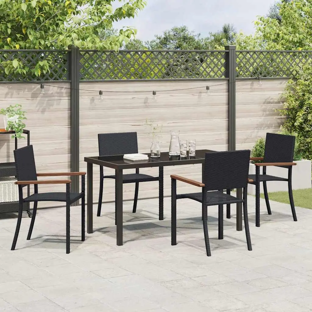 Garden Dining Set 5 Piece Poly Rattan Black Steel Frame Tempered Glass Table Acacia Wood Armrests
