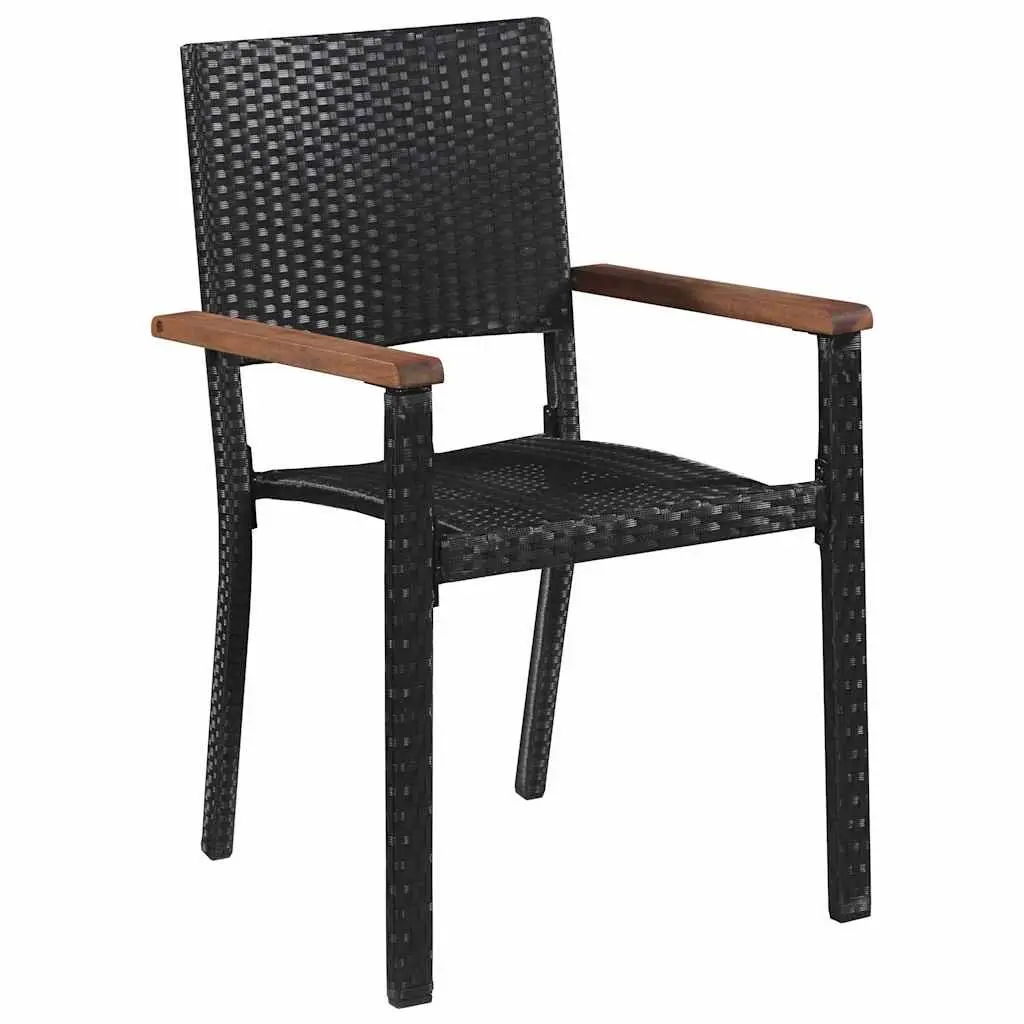 Garden Dining Set 5 Piece Poly Rattan Black Steel Frame Tempered Glass Table Acacia Wood Armrests