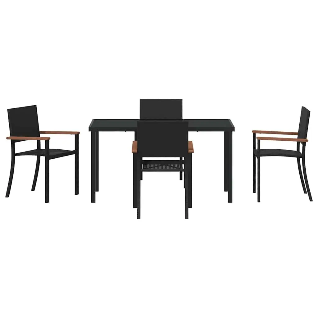 Garden Dining Set 5 Piece Poly Rattan Black Steel Frame Tempered Glass Table Acacia Wood Armrests
