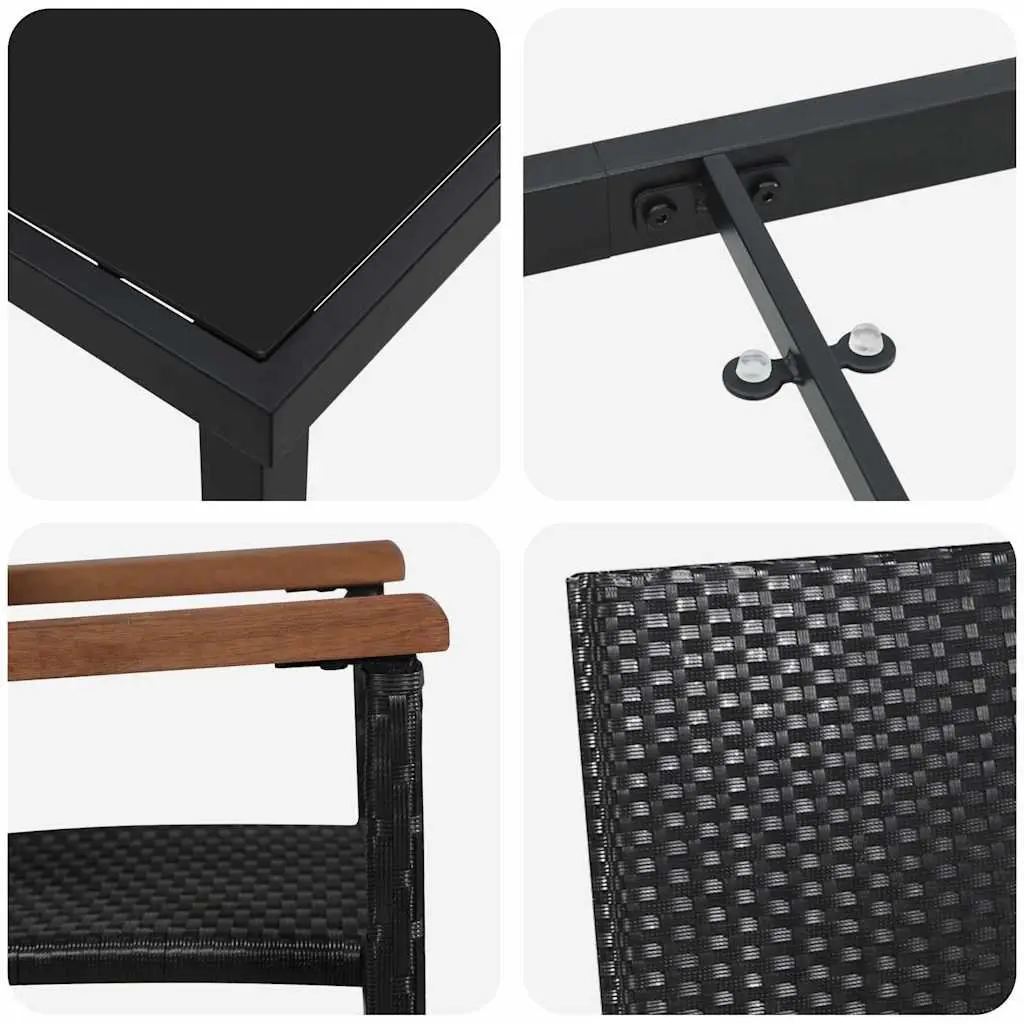 Garden Dining Set 5 Piece Poly Rattan Black Steel Frame Tempered Glass Table Acacia Wood Armrests