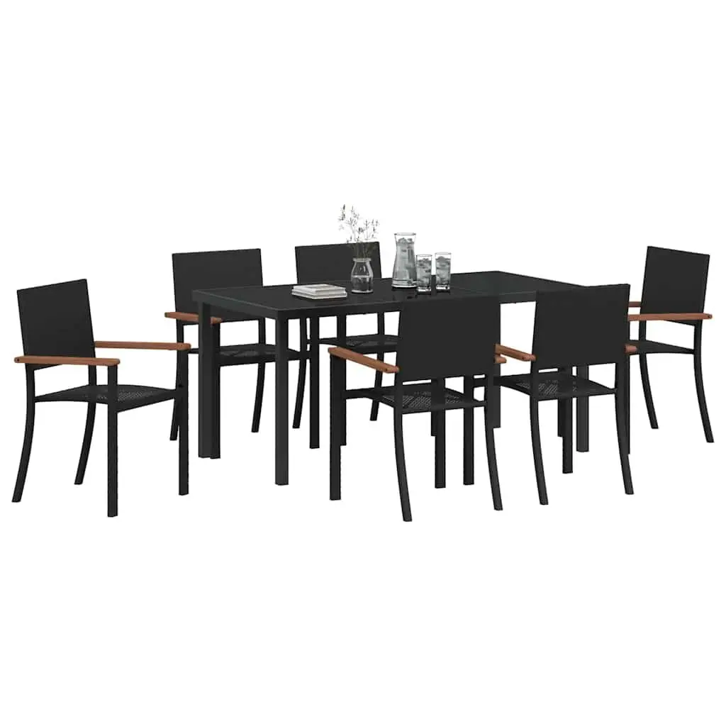 Outdoor Dining Set Poly Rattan Tempered Glass 7 Piece Black Steel Frame Garden Furniture