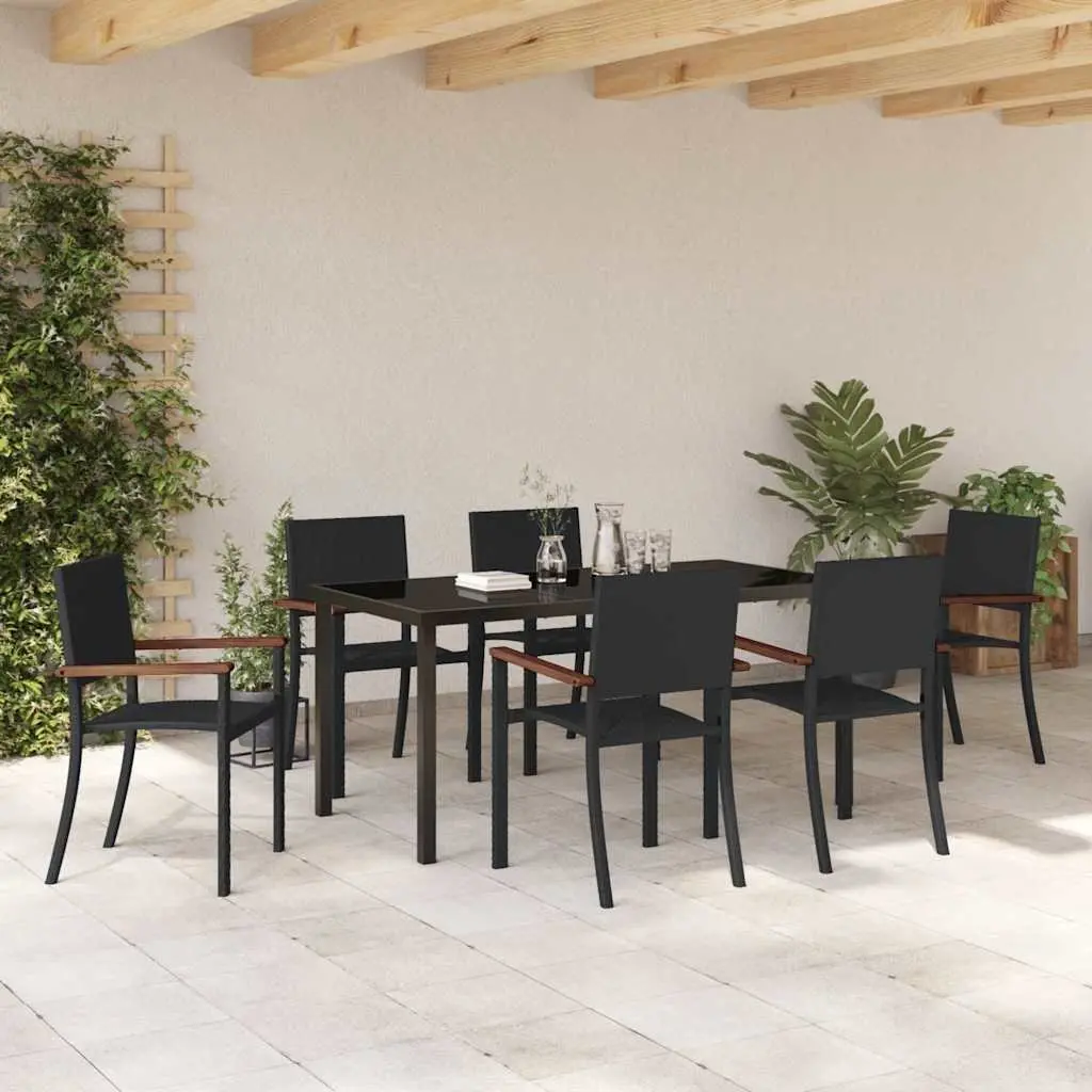 Outdoor Dining Set Poly Rattan Tempered Glass 7 Piece Black Steel Frame Garden Furniture