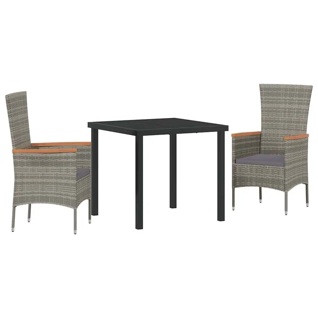 Garden Dining Set 3 Piece Outdoor Lounge Furniture Grey Powder-coated Steel Frame Poly Rattan Tempered Glass