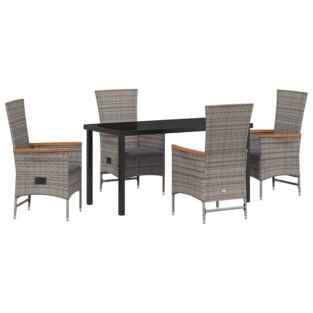 Garden Dining Set 5 Piece Grey Steel Frame Glass Top Poly Rattan