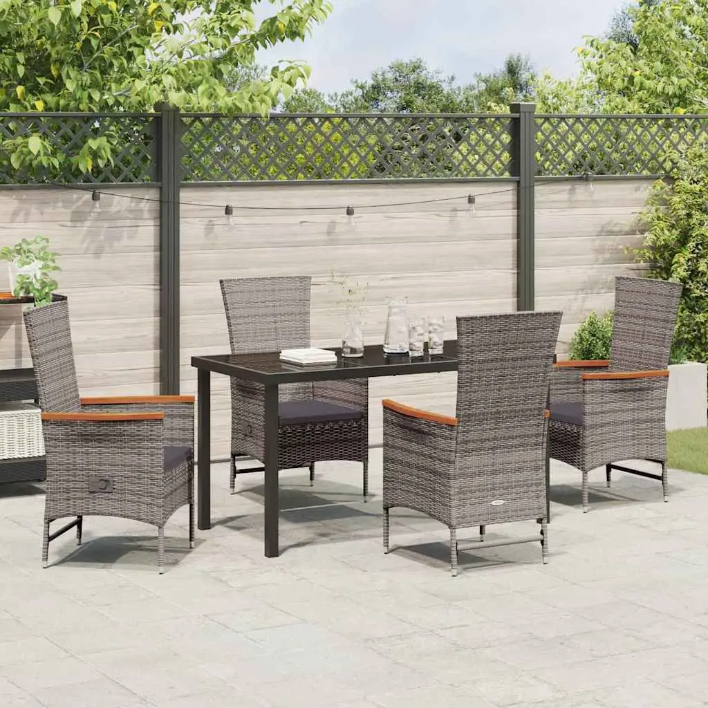 Garden Dining Set 5 Piece Grey Steel Frame Glass Top Poly Rattan