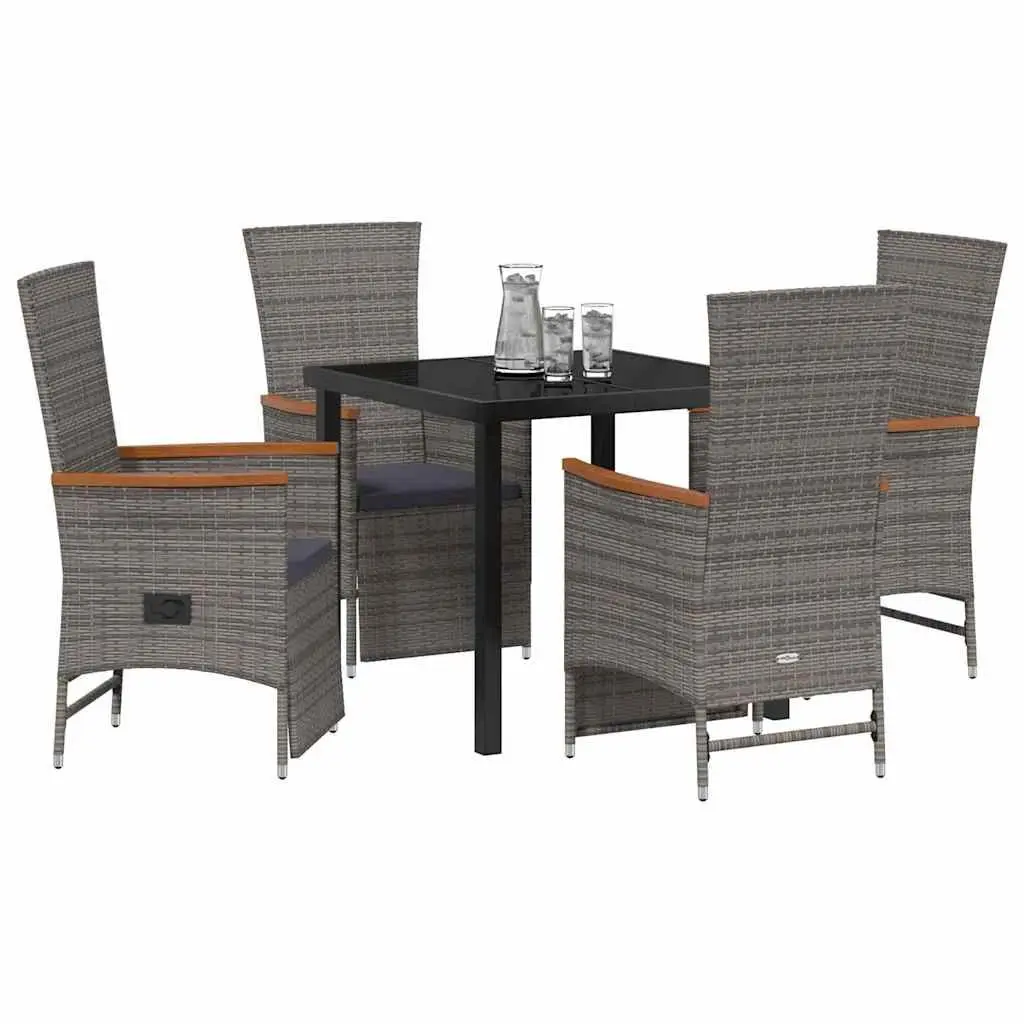 Outdoor Furniture Set 5 Piece Grey Poly Rattan Dining Table and Chairs with Cushions and Adjustable Backrests