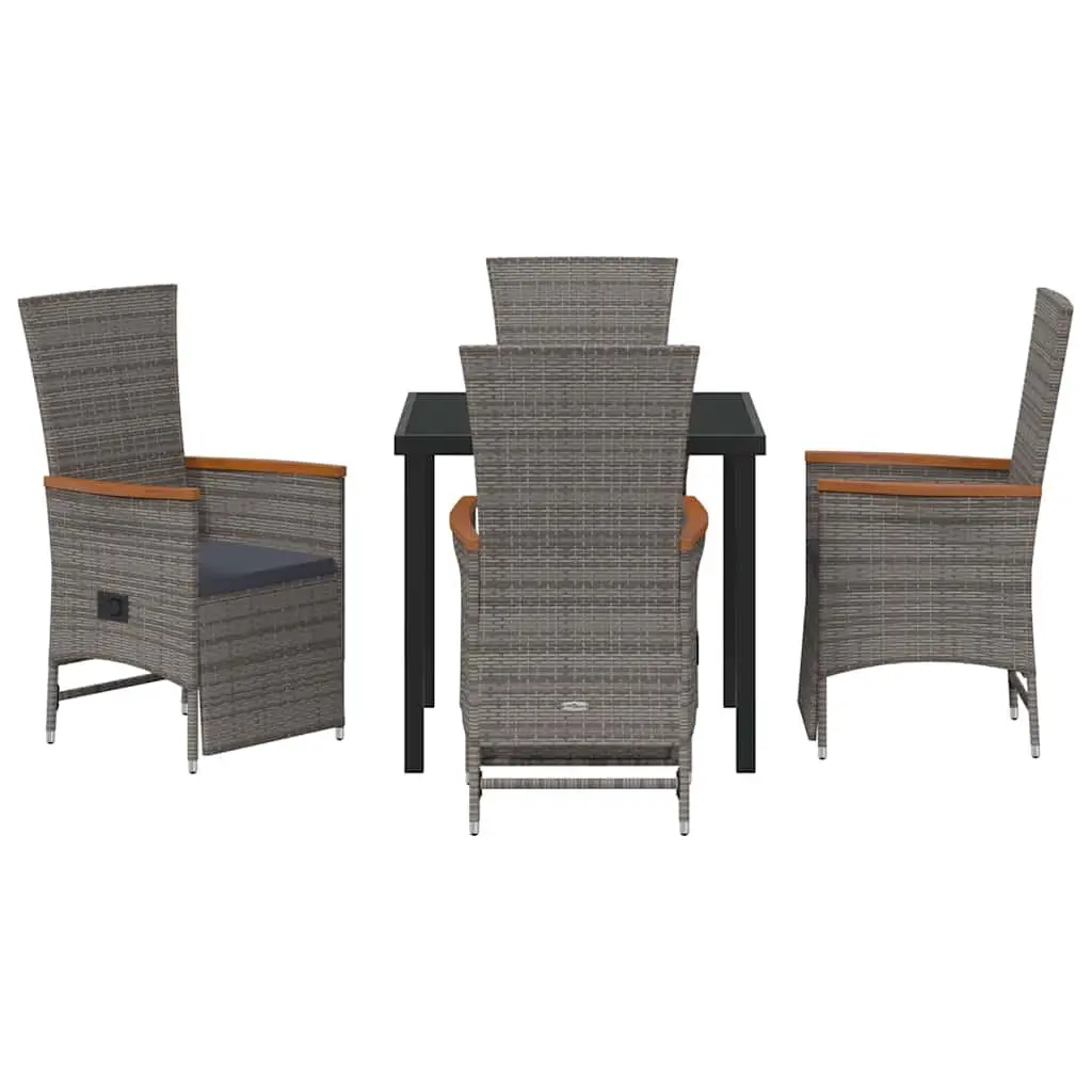 Outdoor Furniture Set 5 Piece Grey Poly Rattan Dining Table and Chairs with Cushions and Adjustable Backrests