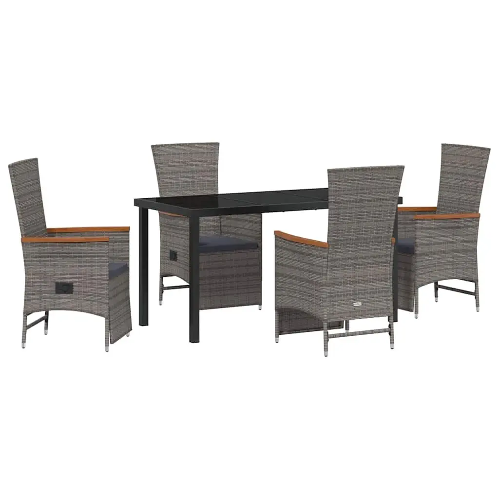 5 Piece Grey Poly Rattan Outdoor Dining Set with Adjustable Backrests and Water Resistant Cushions for Patio Seating and Entertaining