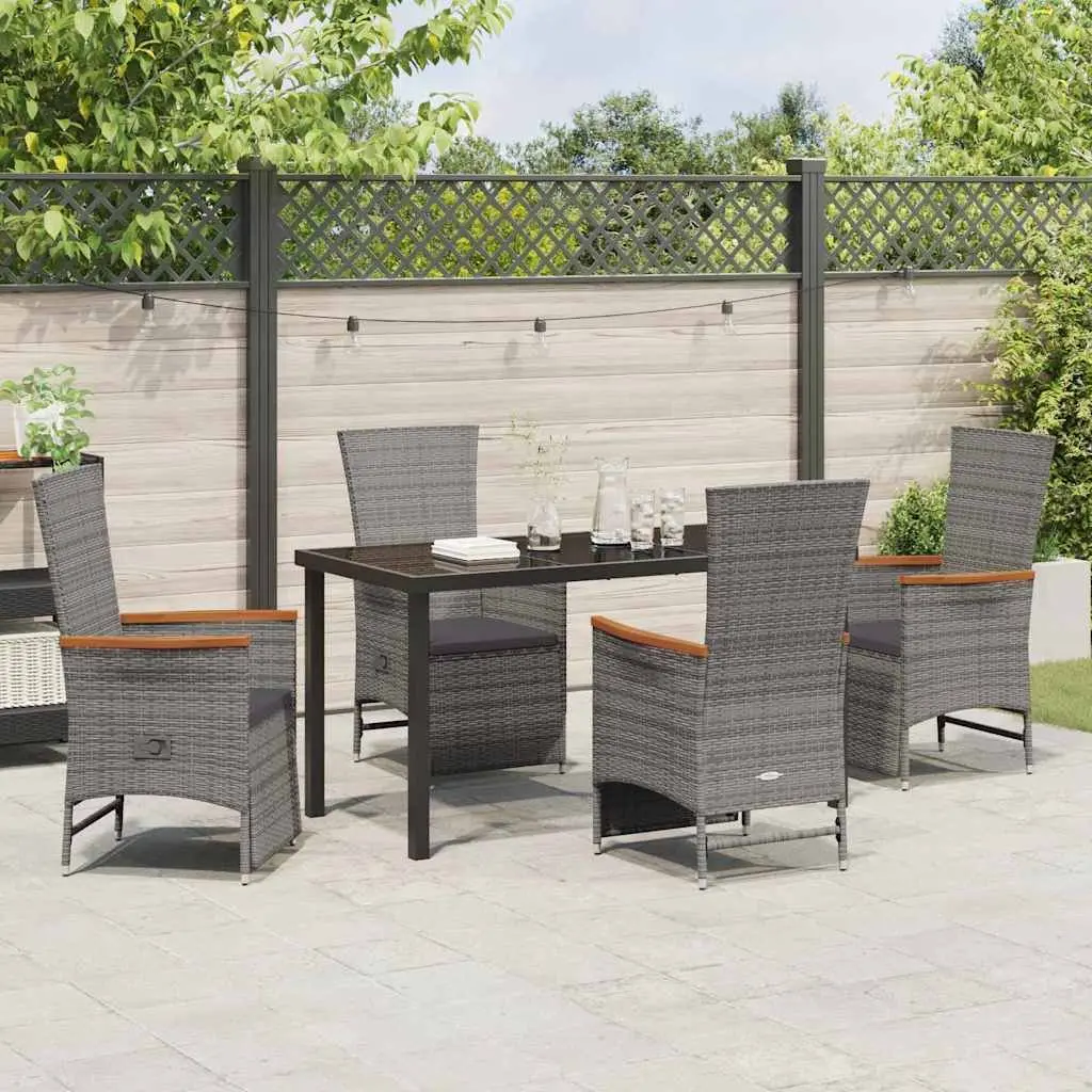 5 Piece Grey Poly Rattan Outdoor Dining Set with Adjustable Backrests and Water Resistant Cushions for Patio Seating and Entertaining